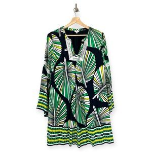 Crown & Ivy Long Sleeve Leaf Print Shift Dress Navy Blue Green Yellow White XL